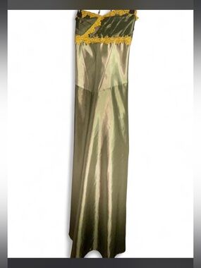 Olive Satin Slip Dress with Yellow Lace Trim